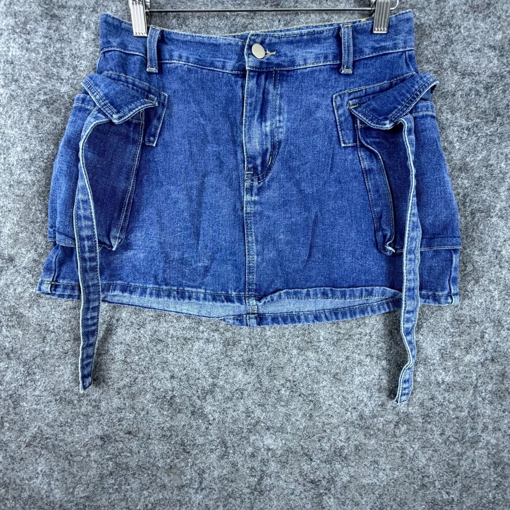 Denim Cargo Mini Jean Skirt Women Medium Blue 90s Skater Girl Grunge Medium Wash